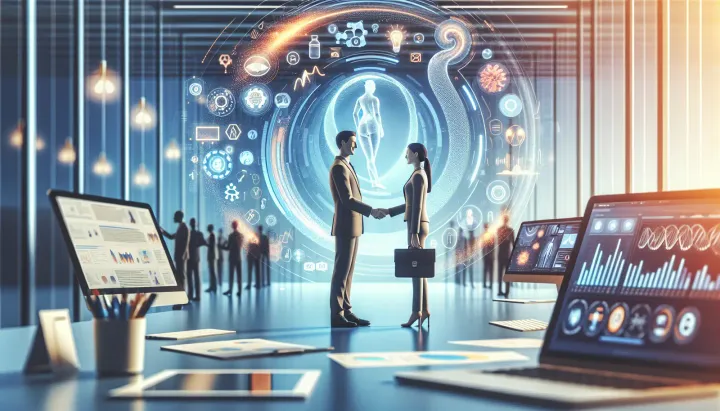 Immagine di un dispositivo di analisi dei dati con loghi di AI e salute digitale