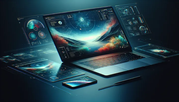 Schema illustrativo di un MacBook Pro OLED touchscreen con interfaccia touch avanzata