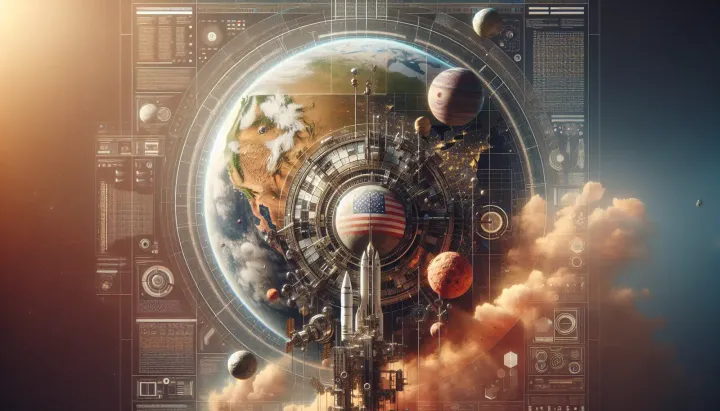 Ricostruzione digitale di una missione spaziale in corso, con satelliti e veicoli robotici in orbita attorno a pianeti e stelle