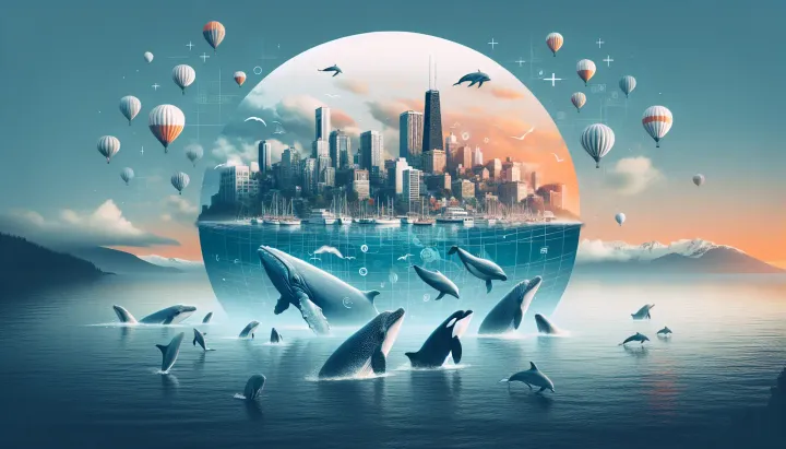 Balene e delfini in migrazione in acque marine inquinate dal cambiamento climatico