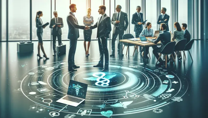 Immagine che illustra l'applicazione dell'IA nel settore sanitario con un'interfaccia digitale e dati medici