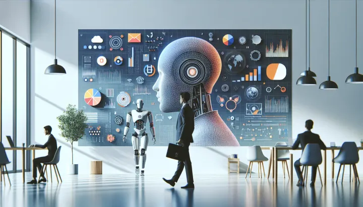 Rappresentazione di robot umanoidi e droni dotati di AI fisica in ambienti industriali