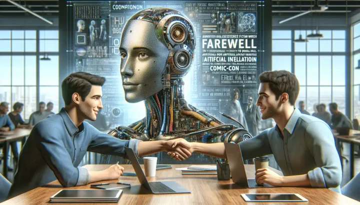 Rappresentazione di un dibattito tra creativi e tecnologie AI nel mondo della cultura pop e scientifica.