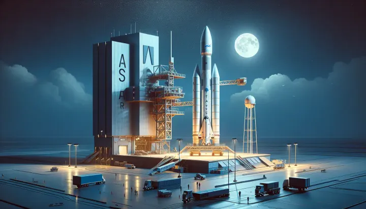 Immagine del razzo Artemis II in preparazione nel centro spaziale con dettagli dell'upper stage e sistemi di supporto