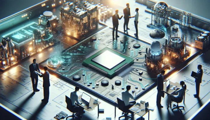 Immagine della fabbrica di chip in fase di costruzione con dettagli di infrastrutture high-tech per semiconduttori.