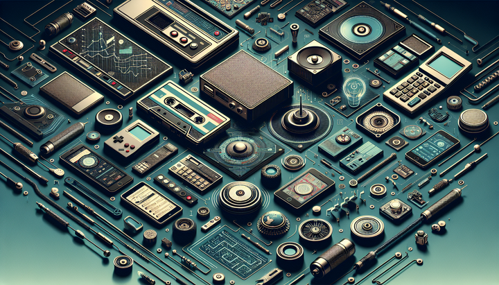 Immagine di gadget vintage come radio, macchina fotografica istantanea e telefono a rotella in un contesto retro