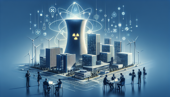 Logo di X-Energy con sfondo di un reattore nucleare moderno