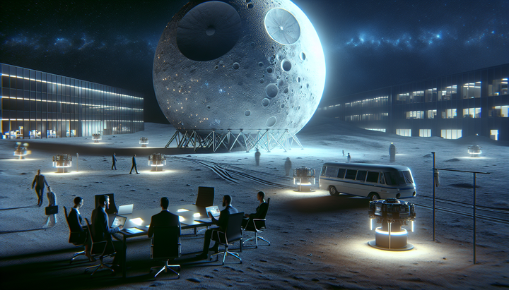 Rendering di Moonbase Alpha con mass driver sulla Luna
