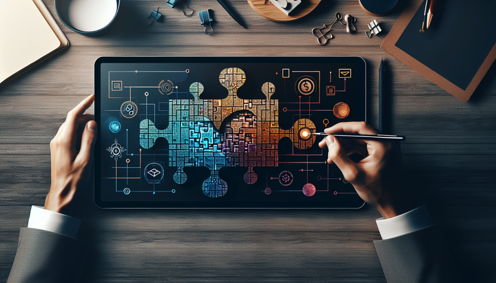 Bilancia legale accanto a circuiti digitali e simboli di intelligenza artificiale.