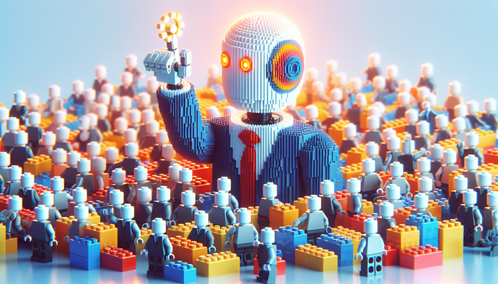 Cartone animato in stile Lego che rappresenta una scena politica satirica.