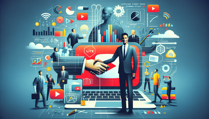 Logo di YouTube con icone di download e riproduzione in background