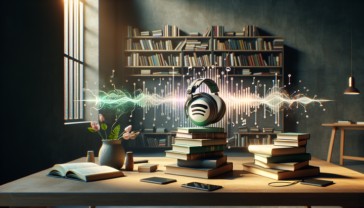 Spotify logo con libri fisici e audiolibri