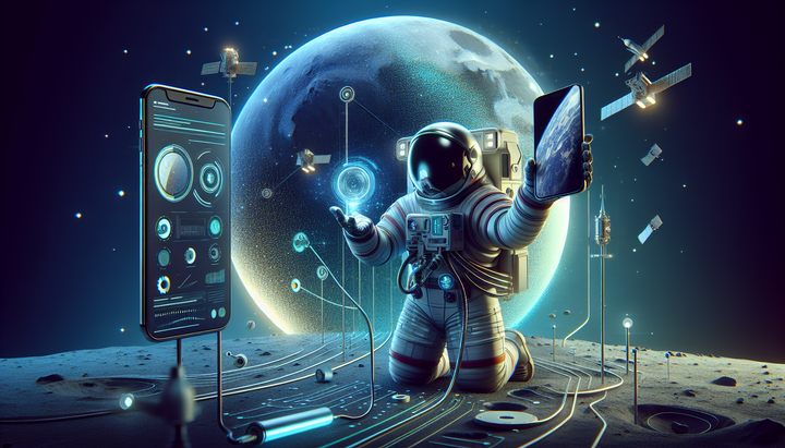 Astronauta della NASA con smartphone durante una missione spaziale