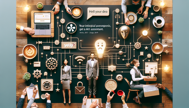 Logo di Yelp con elementi grafici che rappresentano l'intelligenza artificiale e la prenotazione di ristoranti.