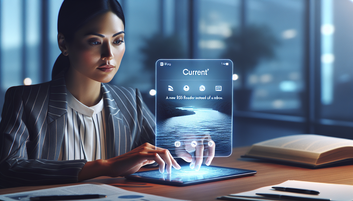 Screenshot dell'app Current che mostra un flusso di notizie in un'interfaccia pulita e rilassante.