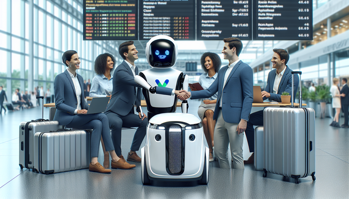 Robotaxi autonomo in area aeroportuale con passeggeri e segnaletica di pickup