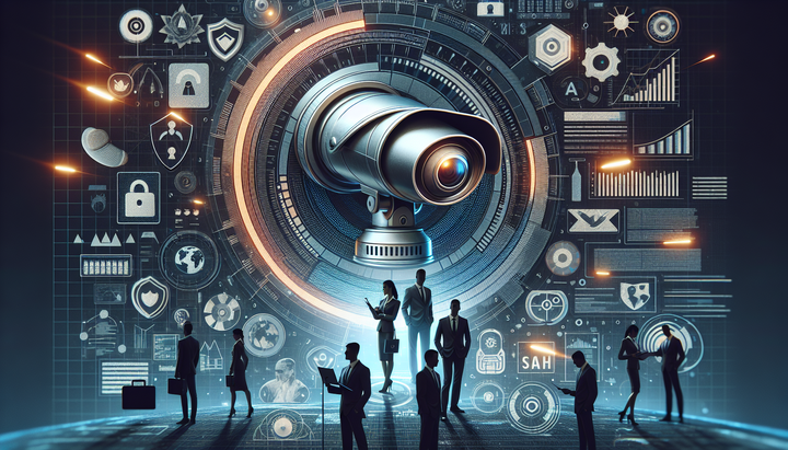 Illustrazione concettuale di sorveglianza digitale, dati e controllo normativo