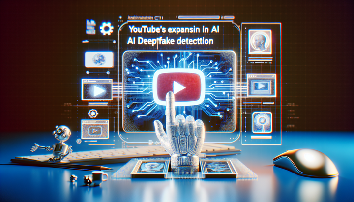 Logo di YouTube con simbolo di intelligenza artificiale e deepfake