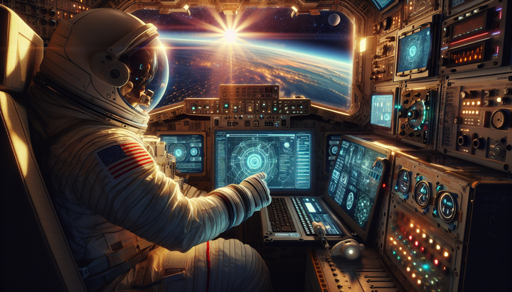 Astronauta al lavoro con computer di bordo in una missione spaziale